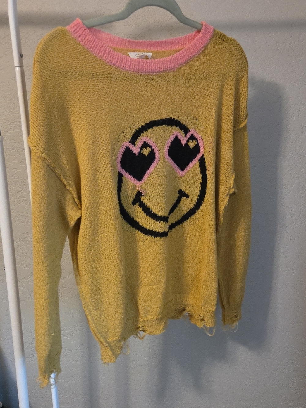 Yellow Heart-Eyes Smiley Knit Sweater with Pink Trim
